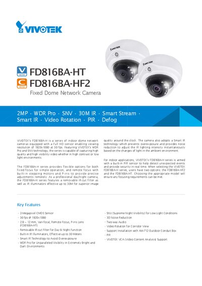 VIVOTEK FD816BA-H Indoor Dome Network Camera Datasheet - cover page