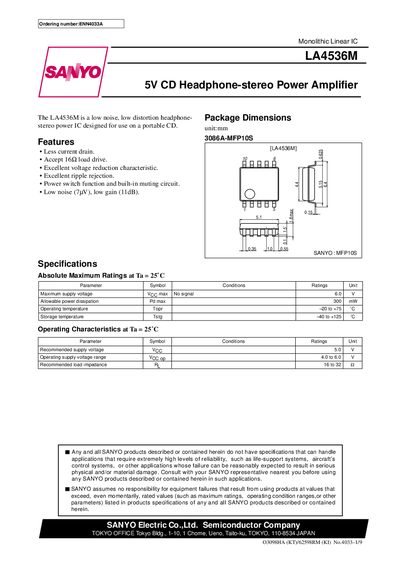 SANYO LA4536M Datasheet - cover page