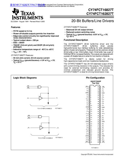 Texas Instruments CY74FCT16827T/CY74FCT162827T 20-Bit Buffers/Line Drivers Datasheet - cover page