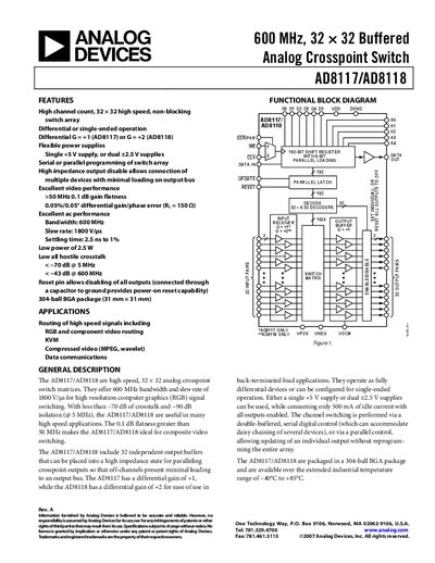Analog Devices AD8117/AD8118 Analog Crosspoint Switch Datasheet - cover page
