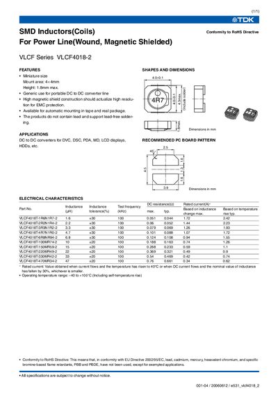 TDK VLCF4018-2 SMD Inductor Datasheet - cover page