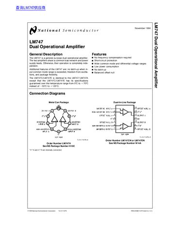 National Semiconductor LM747 Dual Operational Amplifier Datasheet - cover page