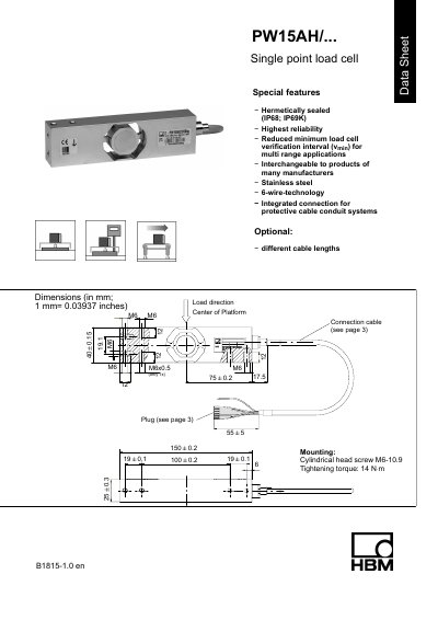 HBM PW15AH Single Point Load Cell Datasheet - cover page