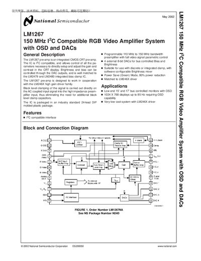 National Semiconductor LM1267 150 MHz I2C Compatible RGB Video Amplifier System with OSD DACs Datasheet