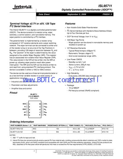 Intersil ISL95711 Digitally Controlled Potentiometer Datasheet - cover page