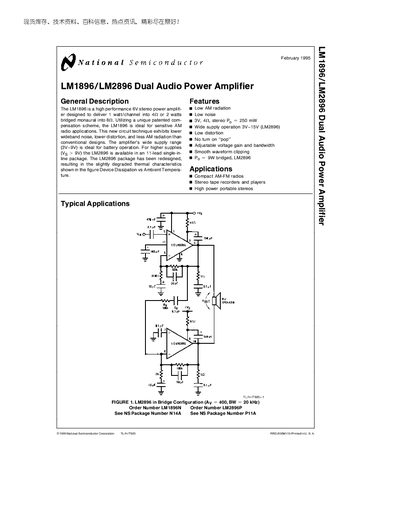 National Semiconductor LM1896/LM2896 Dual Audio Power Amplifier Datasheet