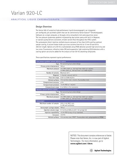 Varian 920-LC Analytical Liquid Chromatograph Specification Sheet - cover page