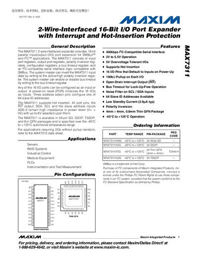 Maxim MAX7311 2-Wire I/O Port Expander Datasheet - cover page