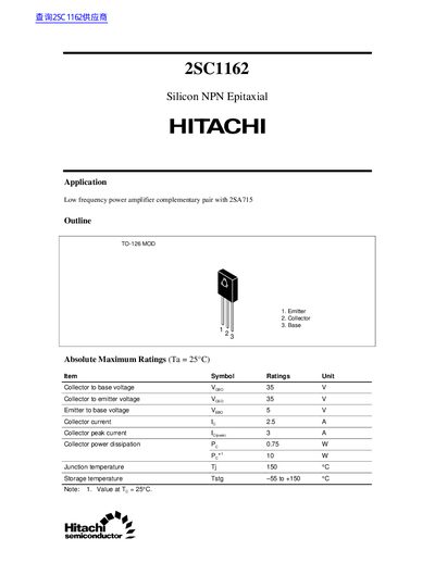 Hitachi 2SC1162 Silicon NPN Transistor Datasheet - cover page