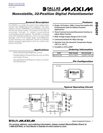 Maxim DS4301 Nonvolatile Digital Potentiometer Datasheet - cover page