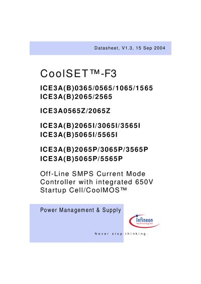 INFINEON ICE3A(B)0365/0565/1065/1565 ICE3A(B)2065/2565 ICE3A0565Z/2065Z ICE3A(B)2065I/3065I/3565I Manual - cover page