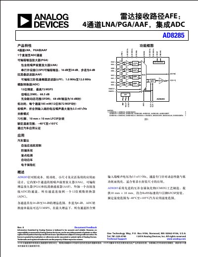 AD8285 Radar Receiver Path AFE: 4-channel LNA/PGA/AAF, Integrated ADC - cover page