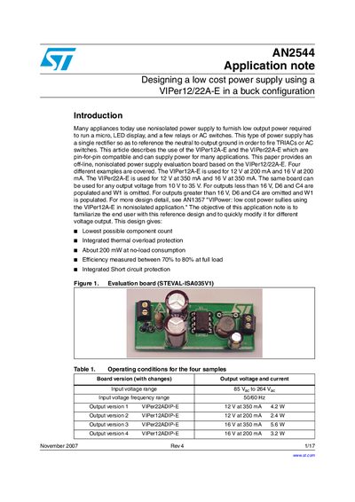 AN2544 Designing a Low Cost Power Supply Using VIPer12/22A-E in Buck Configuration Application Note - cover page