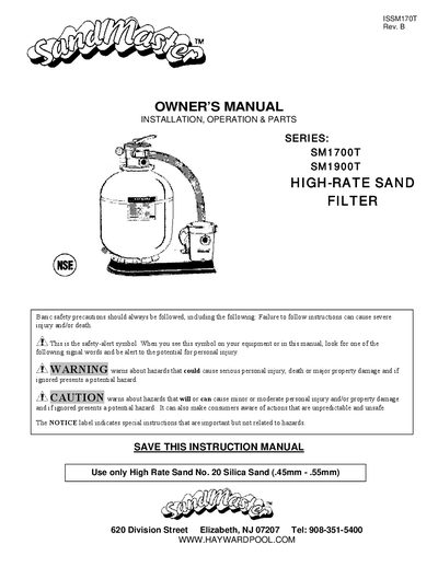 Hayward SM1700T/1900T High-Rate Sand Filter Owner's Manual - cover page