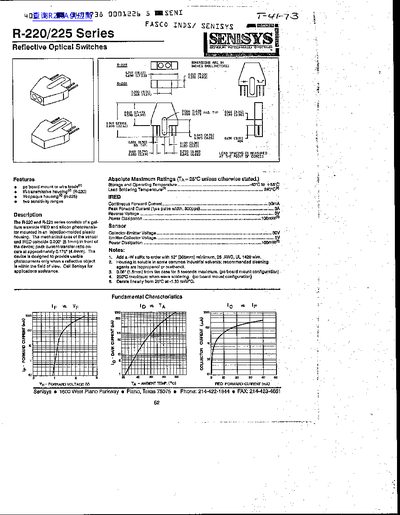 Senisys R-220/225 Series Reflective Optical Switches Datasheet - cover page