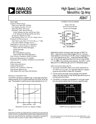 Analog Devices AD847 High‑Speed Low‑Power Op Amp Datasheet - cover page