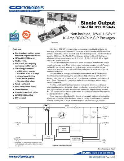 MURATA POWER SOLUTIONS Single Output LSN-10A D12 Models Features Non-Isolated 12VIN 1-5VOUT 10 Amp DC/DC s in SIP Packages