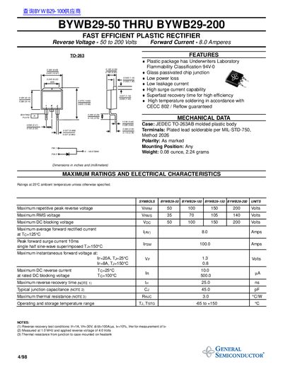 GENERAL Semiconductor BYWB29-50 THRU BYWB29-200 FAST EFFICIENT PLASTIC RECTIFIER - cover page