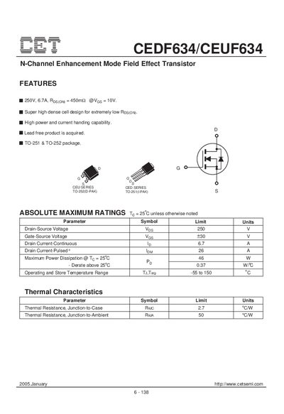 CET CEDF634/CEUF634 N-Channel Enhancement Mode Field Effect Transistor Datasheet - cover page