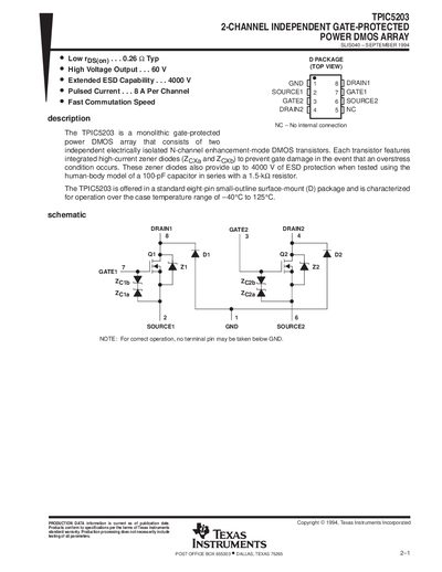 TEXAS INSTRUMENTS TPIC5203 2-CHANNEL INDEPENDENT GATE-PROTECTED POWER DMOS ARRAY handbook - cover page
