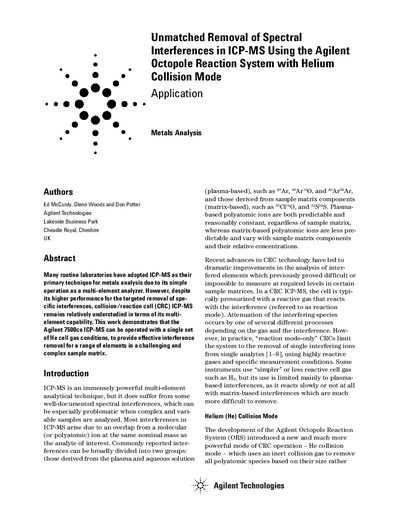 Agilent 7500ce ICP-MS Unmatched Spectral Interference Removal Using ORS with Helium Collision Mode Application Note - cover page