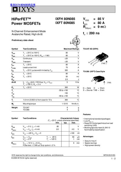 IXYS IXFH80N085 / IXFT80N085 Power MOSFET Preliminary Data Sheet - cover page