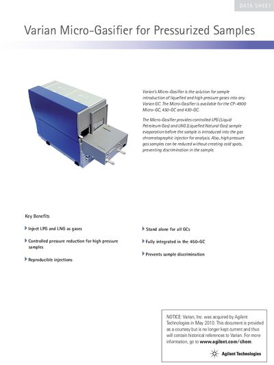 Agilent Varian Micro-Gasifier for Pressurized Samples Product Leaflet - cover page