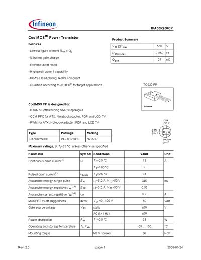 Infineon IPA50R250CP CoolMOS Power Transistor Datasheet - cover page