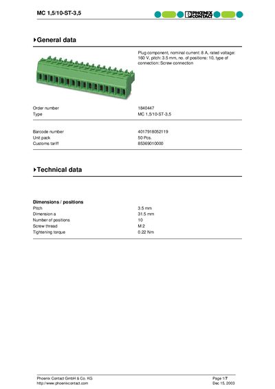 Phoenix Contact MC 1,5/10-ST-3,5 General Data Handbook - cover page