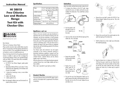 Hanna Instruments HI 38018 Free Chlorine Test Kit Instruction Manual - cover page