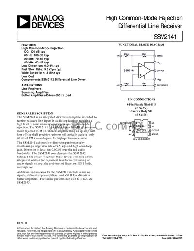 Analog Devices SSM2141 Differential Line Receiver Datasheet - cover page