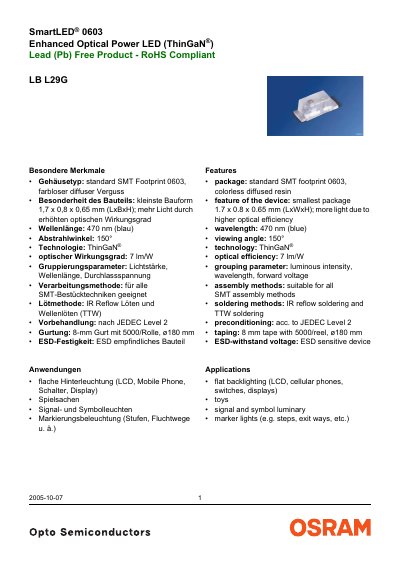 OSRAM L29G SmartLED 0603 LED Datasheet - cover page