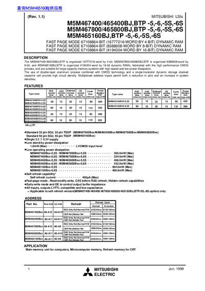MITSUBISHI LSIs M5M467400/465400BJ BTP -5 -6 -5S -6S M5M467800/465800BJ BTP -5 -6 -5S -6S M5M465160BJ BTP -5 -6 -5S -6S - cover page