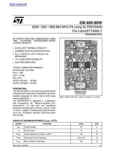 STMicroelectronics DB-900-80W RF Power Amplifier Datasheet - cover page