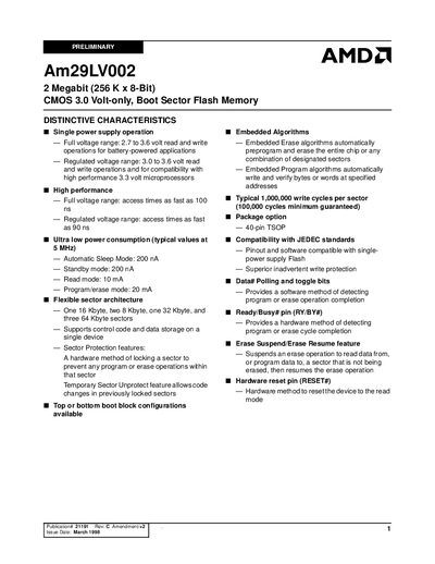 AMD Am29LV002 2 Megabit (256 K x 8-Bit) CMOS 3.0 Volt-only Boot Sector Flash Memory handbook(1) - cover page