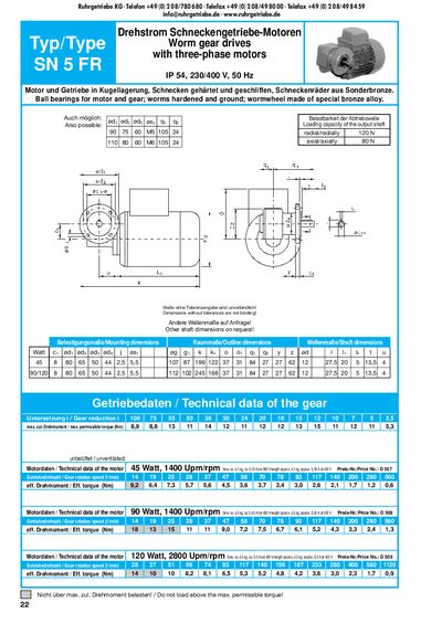 Ruhrgetriebe SN 5 FR Worm Gear Drive Datasheet - cover page