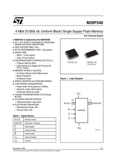 STMicroelectronics M29F040 Flash Memory Datasheet