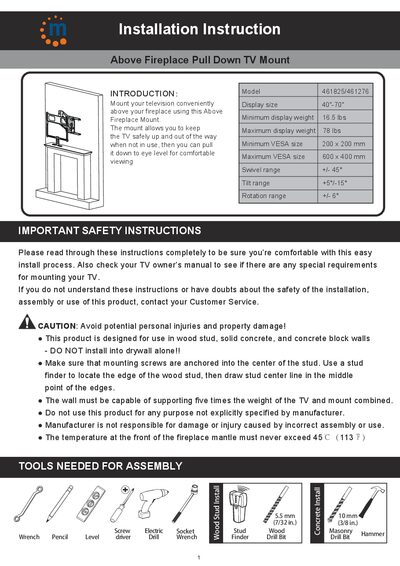 Installation Instructions: Above Fireplace Pull Down TV Mount