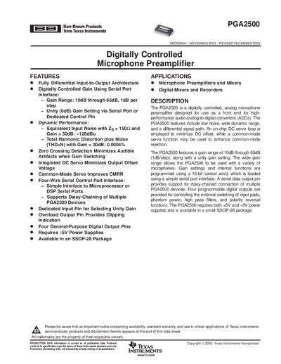 Texas Instruments PGA2500 Digitally Controlled Microphone Preamplifier Datasheet - cover page