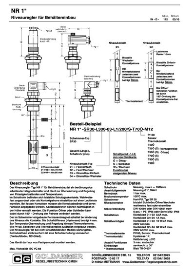 Goldammer NR 1" Level Controller Technical Data Sheet - cover page