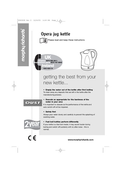 Morphy Richards Opera Jug Kettle User Manual - cover page