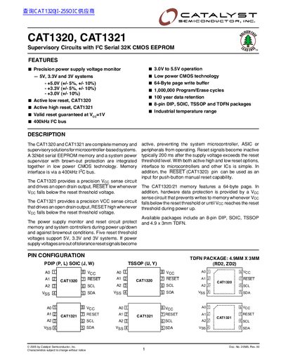 Catalyst CAT1320 CAT1321 Supervisory Circuits with I2C Serial 32K CMOS EEPROM Datasheet - cover page