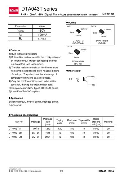 ROHM DTA043TUB Datasheet - cover page