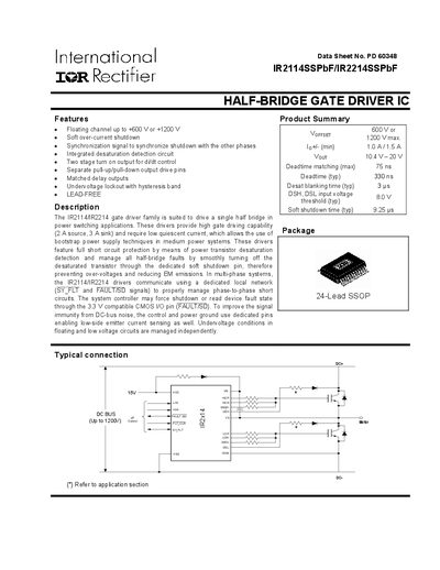 International Rectifier IR2114SSPbF/IR2214SSPbF Half-Bridge Gate Driver IC Datasheet - cover page
