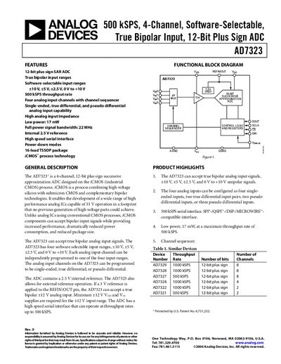 ANALOG DEVICES 500 kSPS 4-Channel Software-Selectable True Bipolar Input 12-Bit Plus Sign ADC AD7323 handbook - cover page