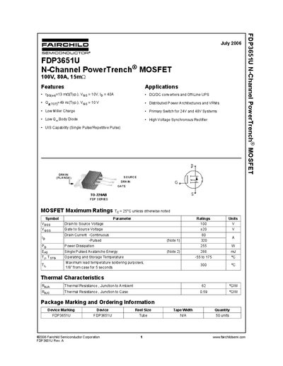 Fairchild FDP3651U N-Channel PowerTrench MOSFET Datasheet - cover page
