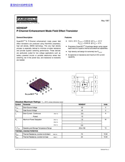 Fairchild NDH834P P-Channel Enhancement Mode Field Effect Transistor Datasheet - cover page