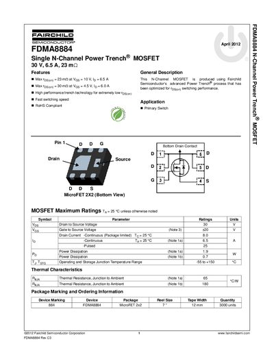 Fairchild Semiconductor FDMA8884 N-Channel MOSFET Datasheet - cover page