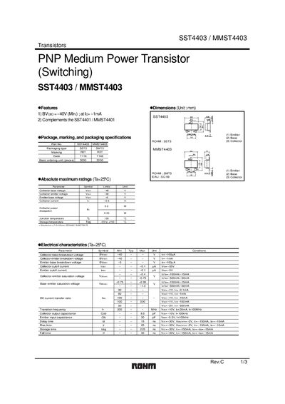 ROHM SST4403 / MMST4403 PNP Medium Power Transistor Datasheet - cover page