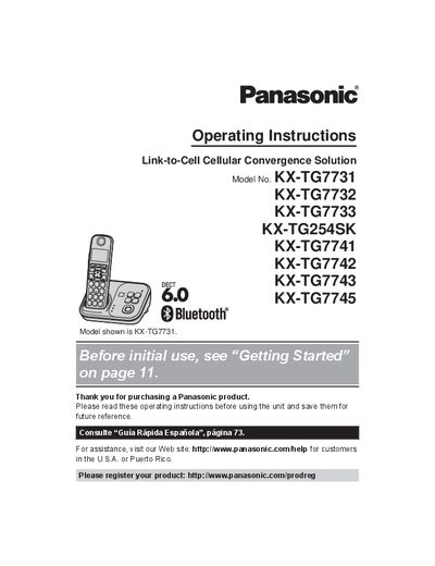 Panasonic KX-TG7731 KX-TG7732 KX-TG7733 KX-TG254SK KX-TG7741 KX-TG7742 KX-TG7743 KX-TG7745 Manual - cover page